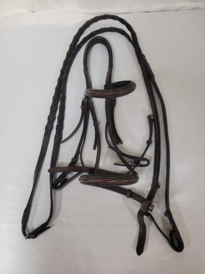 Henri de Rivel Raised Padded Bridle with Fancy Raised Reins, Horse size, havana brown
